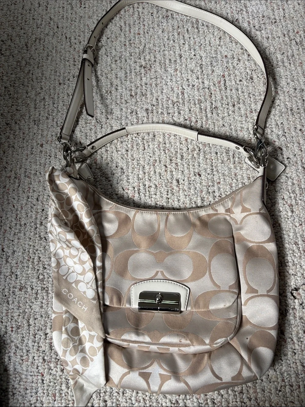 Coach Signature Hobo Bag in Beige and Ivory with Silver Hardware